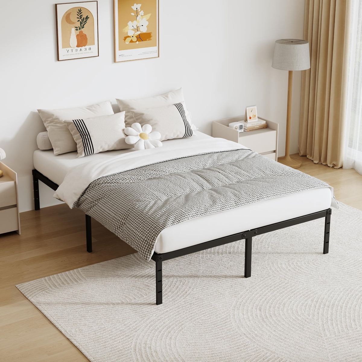 Queen Size 18 Inch Tall Black Metal Platform Bed Frame L57377