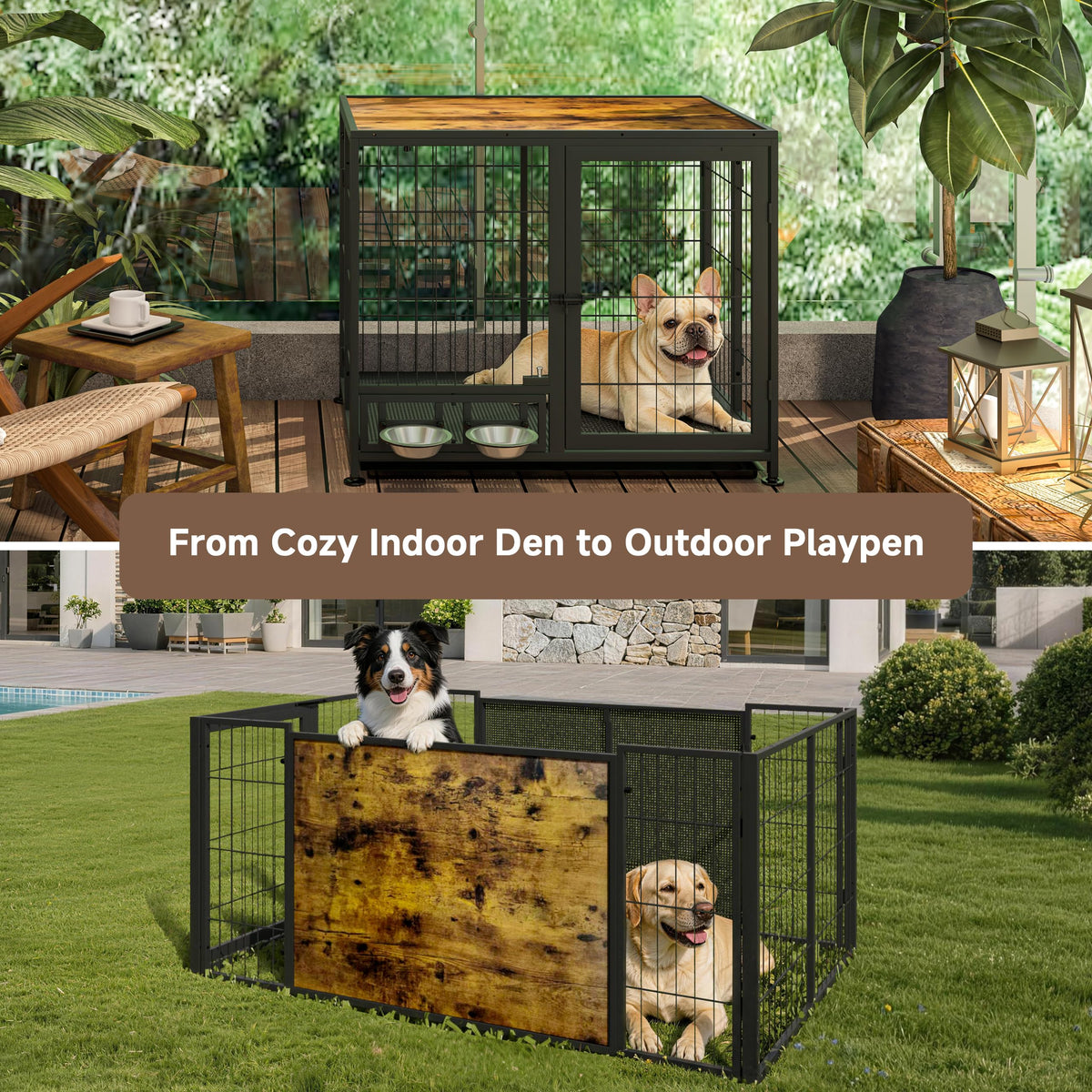 Heavy Duty Foldable Dog Crate with Wheels & Feeding Bowls E994693