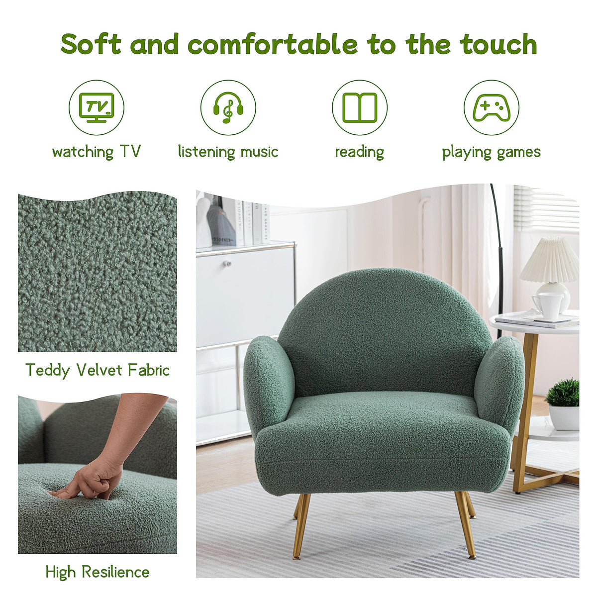 Green Sherpa Accent Chair Set of 2 with Gold Legs W3534
