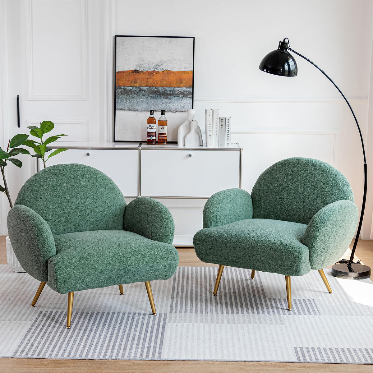 Green Sherpa Accent Chair Set of 2 with Gold Legs W3534