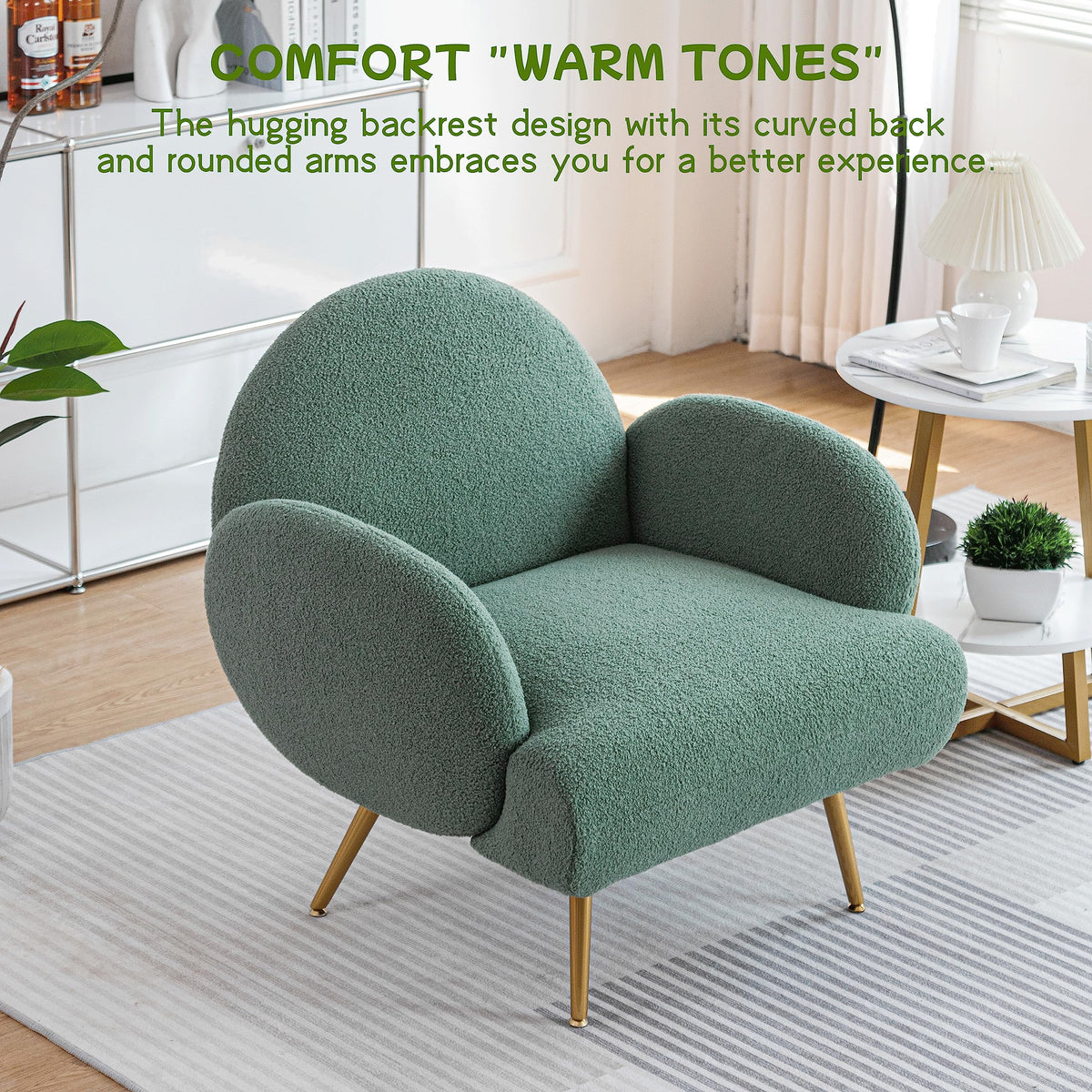 Green Sherpa Accent Chair Set of 2 with Gold Legs W3534
